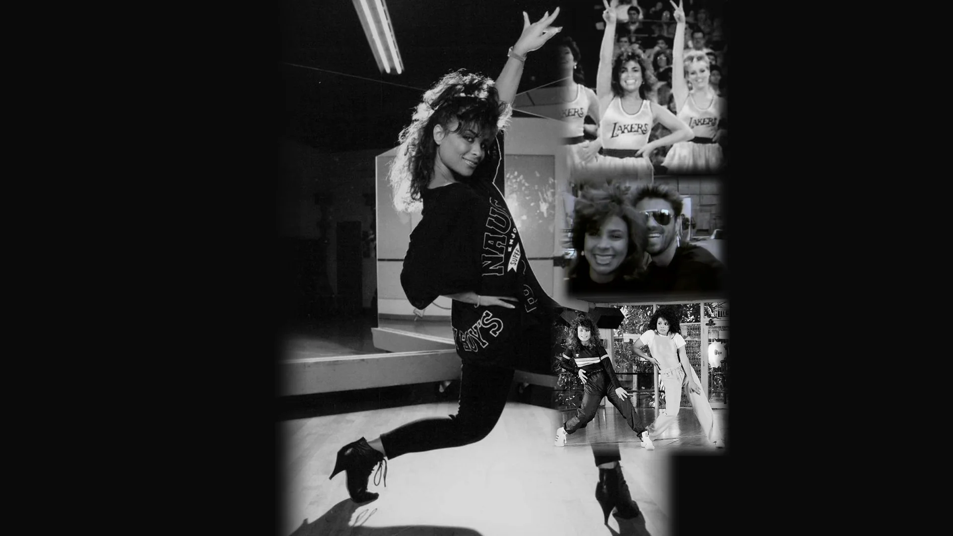Paula Abdul dancing, captured in a black-and-white performance image