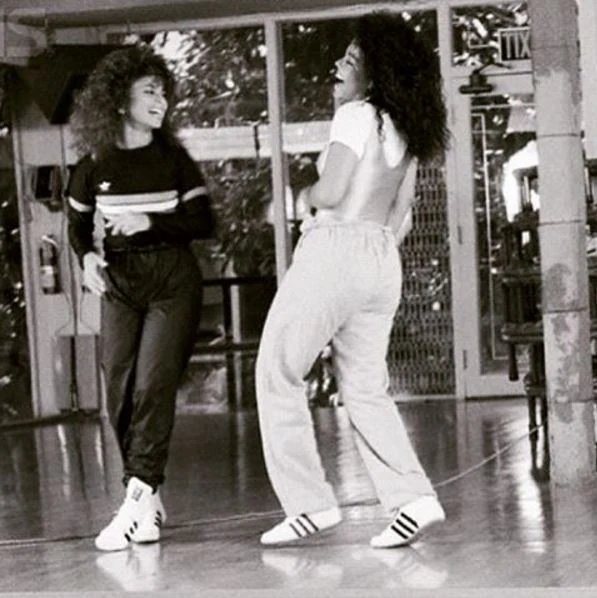 Janet Jackson and Paula Abdul dancing during rehearsal